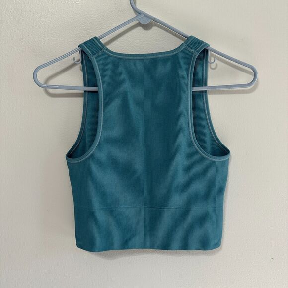 Athleta Womens Aurora Seamless Crop Rib Tank Top Medium Teal Blue Cropped V-Neck - Picture 3 of 3